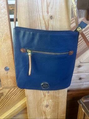 Joy Mangano Navy Crossbody with Tan Strap and Gold Accents